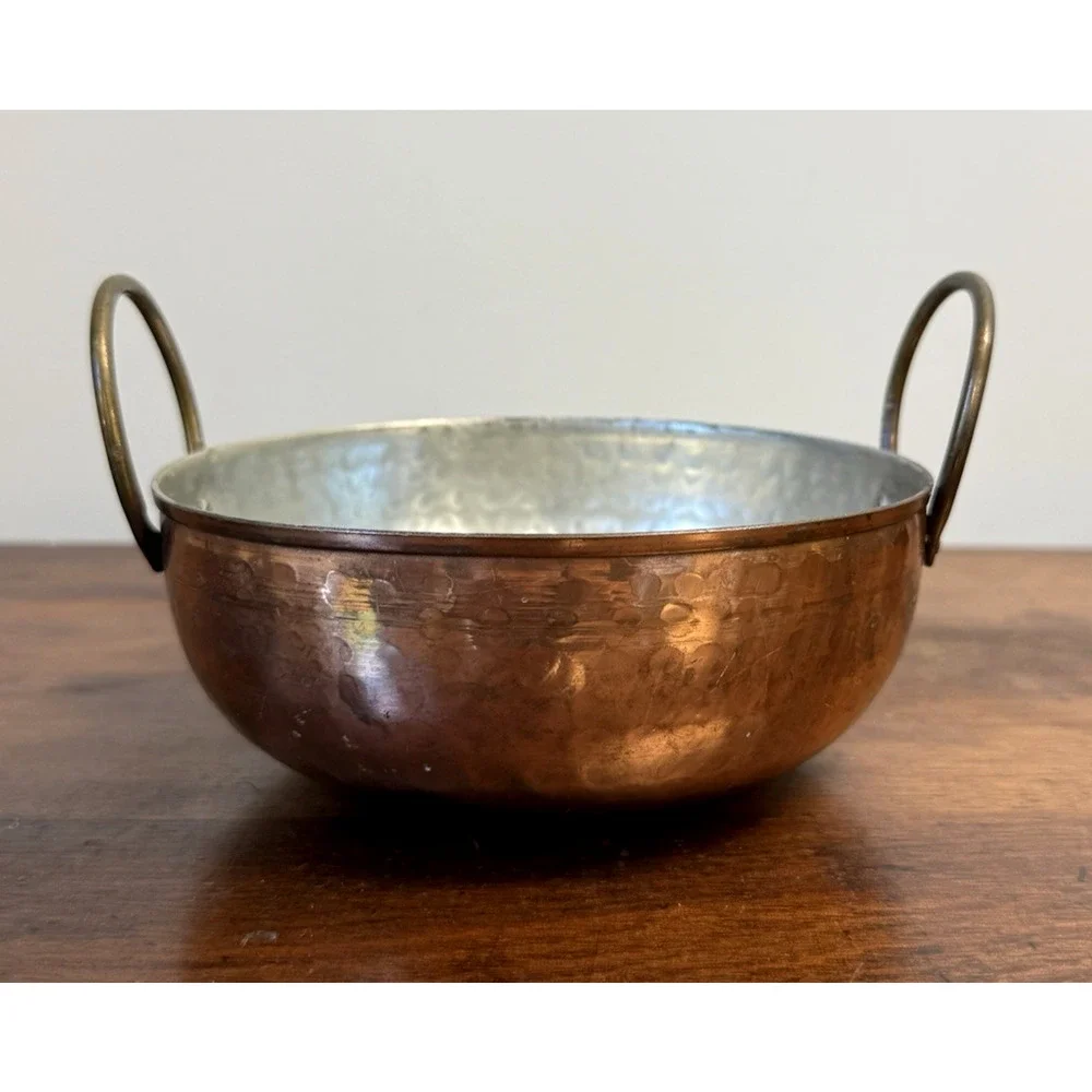 Vintage Hammered Copper Bowl Pot Tin Lined Brass Handles 6